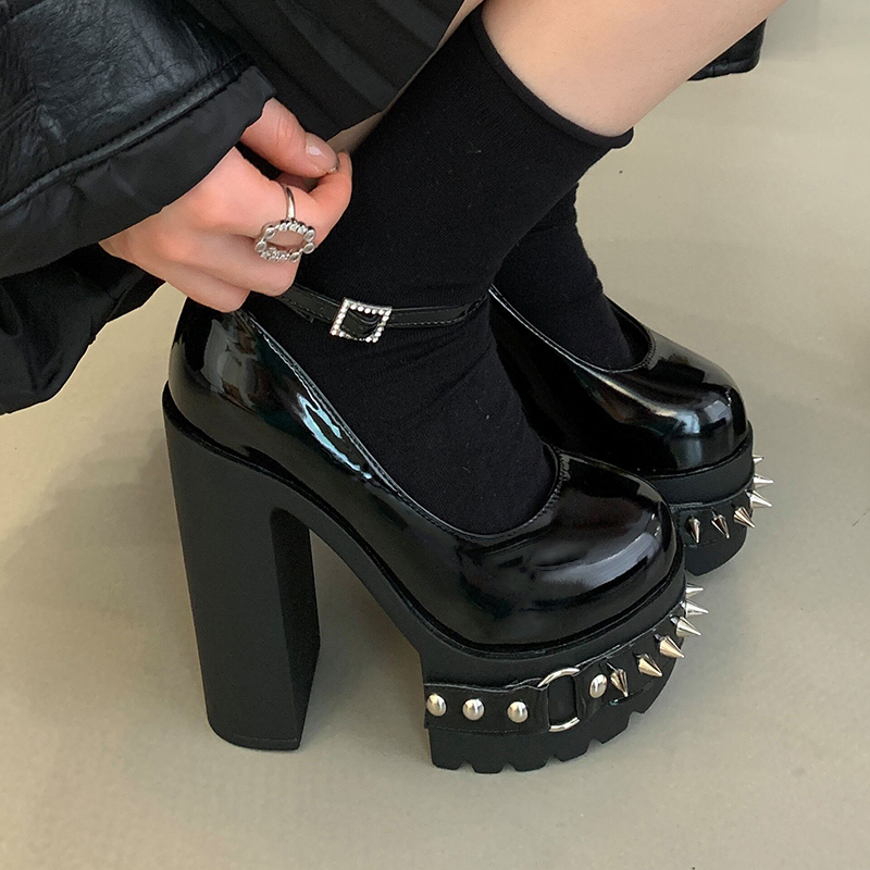 11cm High Heel Platform Studded Punk Plus Size Patent Leather Women's Shoes Cross-border Chunky Heel Round Toe Size 43
