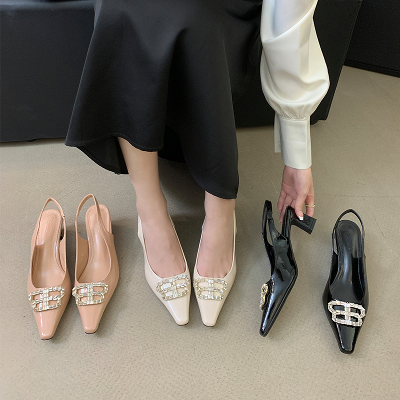 2024 Rhinestone Pointed Toe High Heel Women's Shoes Backless Slingback Sandals