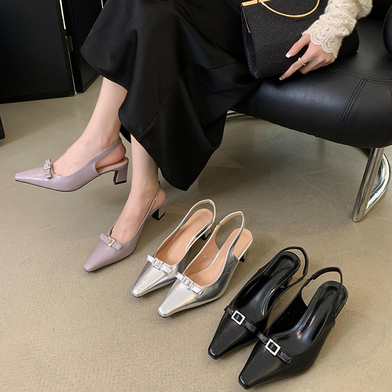 2024 Spring French Retro Buckle Pointed Toe High Heel Open Back Sandals for Women