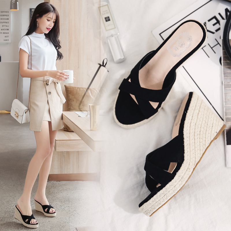 2025 New Fashion Cross Strap Slippers Espadrille Wedge Thick Sole Women's Sandals 9cm