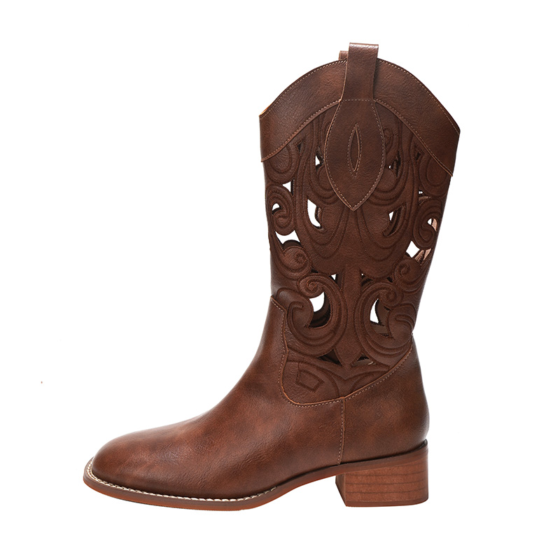 2026 New Cowhide Hollow Embroidery Western Cowboy Boots for Women Retro Desert Summer Brown Mid Calf Boots - Image 5