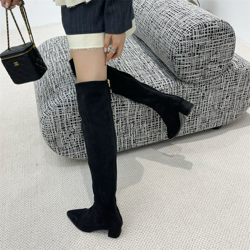 Chanel Style 2025 Winter Pointed Toe Women's Boots Chunky Heel Over Knee High Boots Back Zipper Slim Fit Stretch Boots High Top Slim Boots