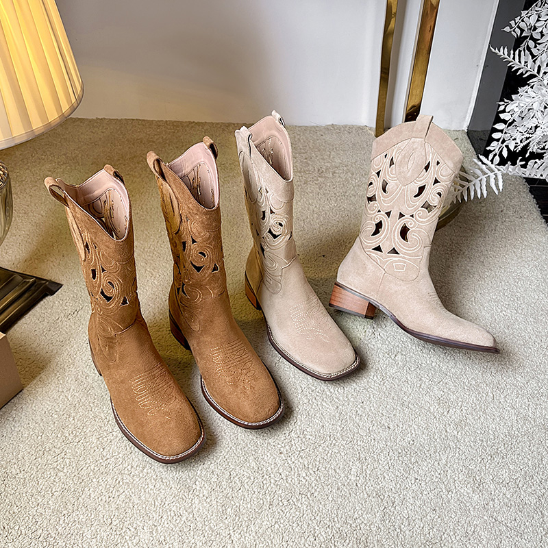 Embroidered Retro Western Cowboy Boots Hollow Out Summer Thin Long Boots Women Breathable Fashion Boots Mid Calf Riding Boots - Style 6331fb