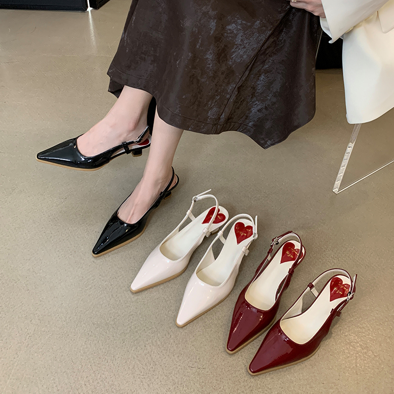 Fortune One Foot Mary Jane Closed Toe Half Slippers Women's 2024 Spring New Pointed Toe One Strap Metal Sandals