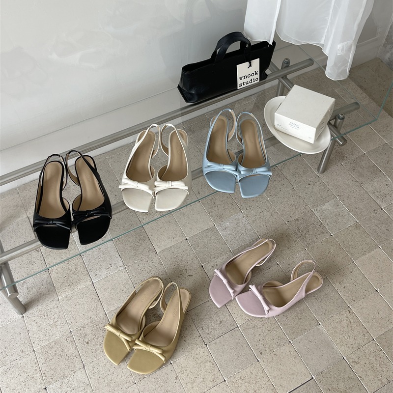 French Square Toe Bow Sandals Summer New 5.5cm Kitten Heel Open Toe Backless Comfortable High Heels