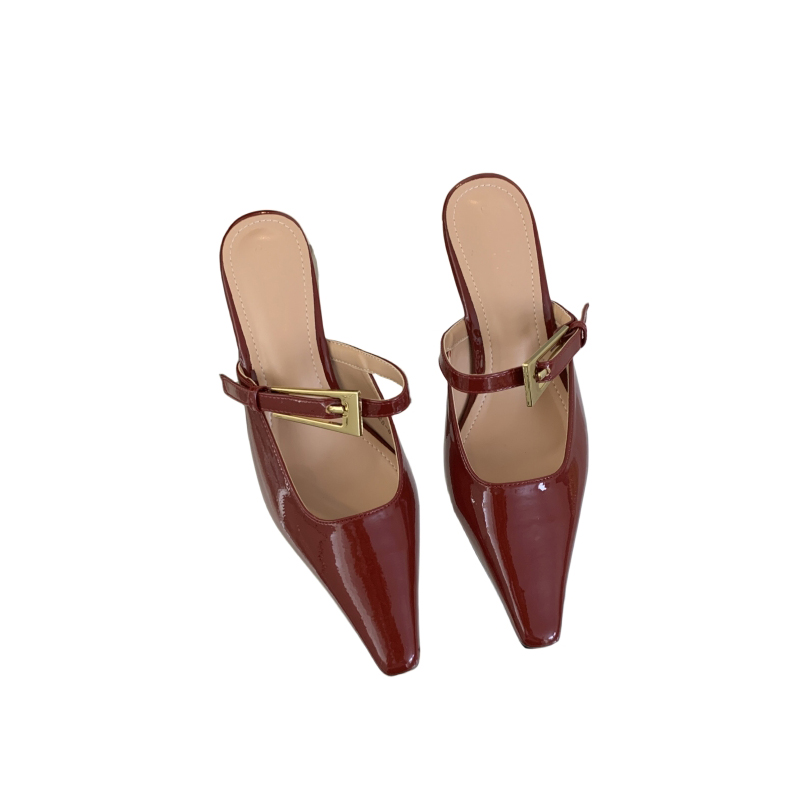 Korean Style Pointed Toe Patent Leather Half Slipper Women's Closed Toe Chunky Heel Sandals - Image 5