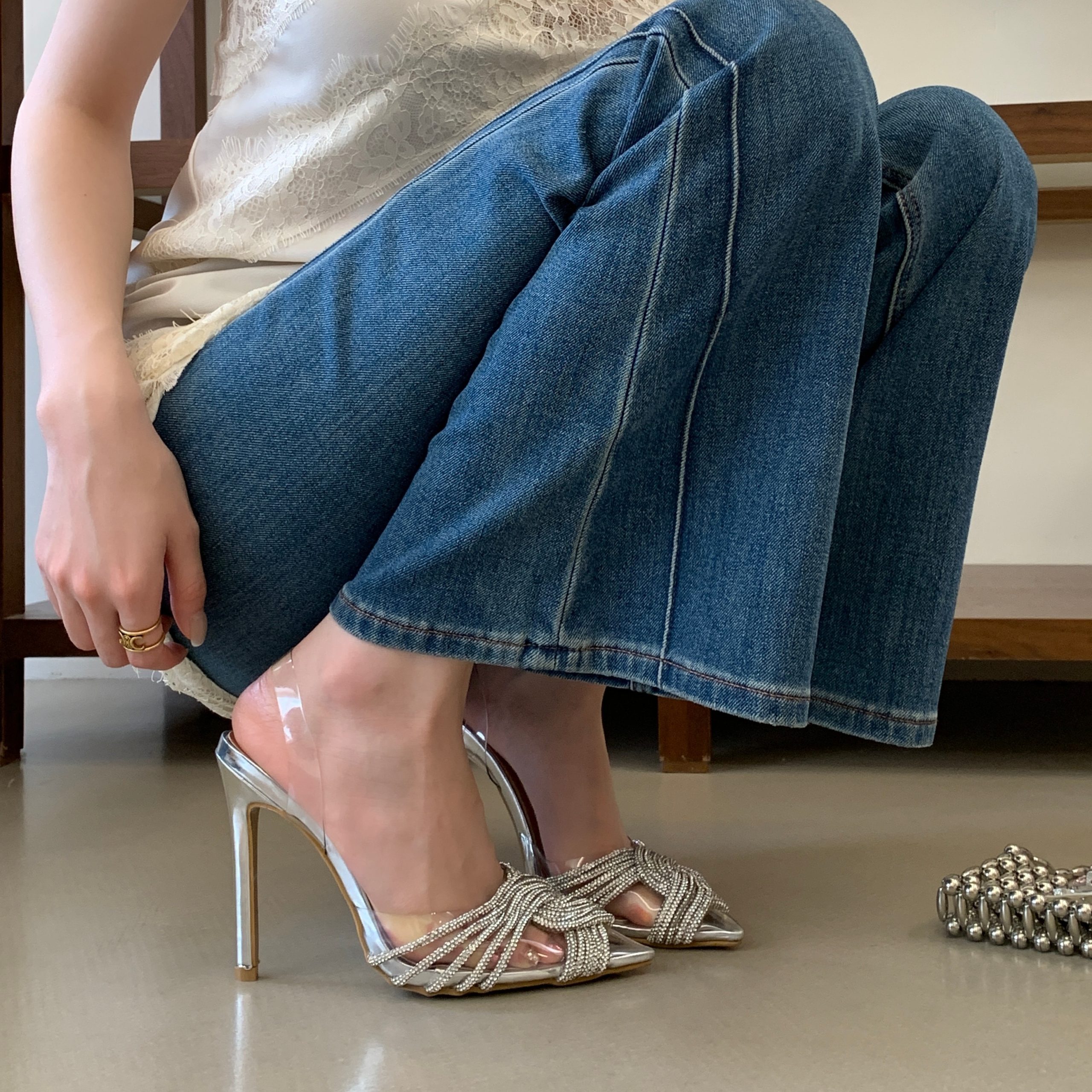Mobeini Sparkling Rhinestone Stiletto Heel Sandals for Women Summer Transparent Strap Open Toe Slip-On Sexy Style with Jeans - Image 2