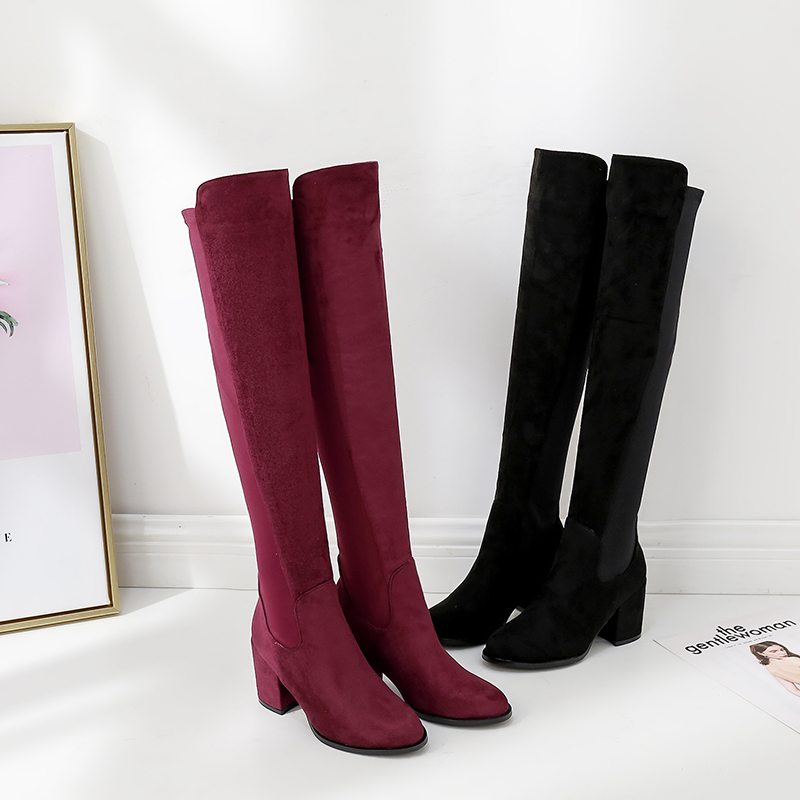 New 5050 Over Knee Boots for Women High Heel Chunky Heel Autumn Winter Patchwork Wine Red Slim Boots - Style 6e3d0c