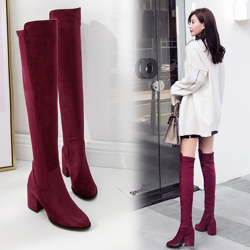 New 5050 Over Knee Boots for Women High Heel Chunky Heel Autumn Winter Patchwork Wine Red Slim Boots - Style 6e3d0c - Image 2