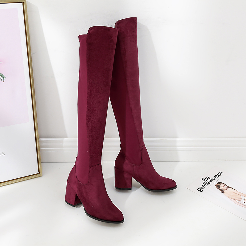 New 5050 Over Knee Boots for Women High Heel Chunky Heel Autumn Winter Patchwork Wine Red Slim Boots - Style 6e3d0c - Image 4