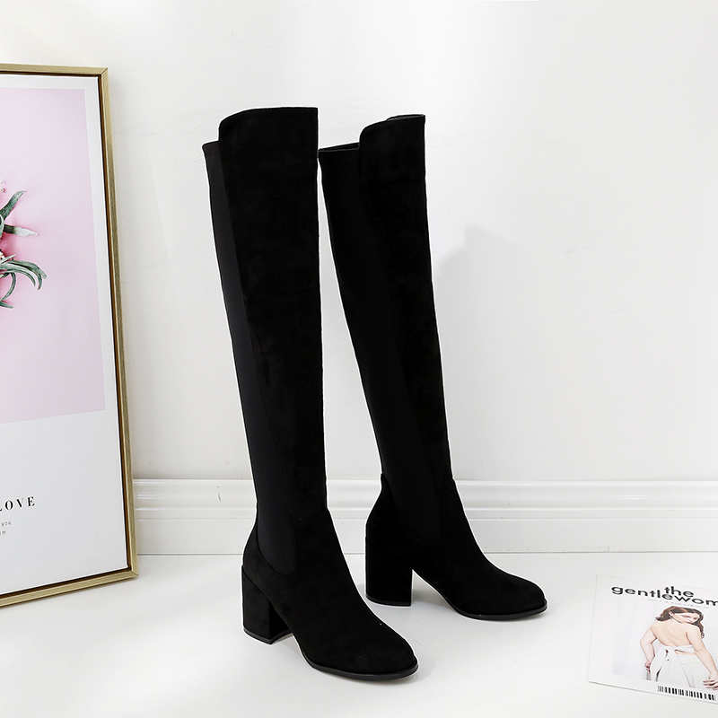 New 5050 Over Knee Boots for Women High Heel Chunky Heel Autumn Winter Patchwork Wine Red Slim Boots - Style 6e3d0c - Image 5
