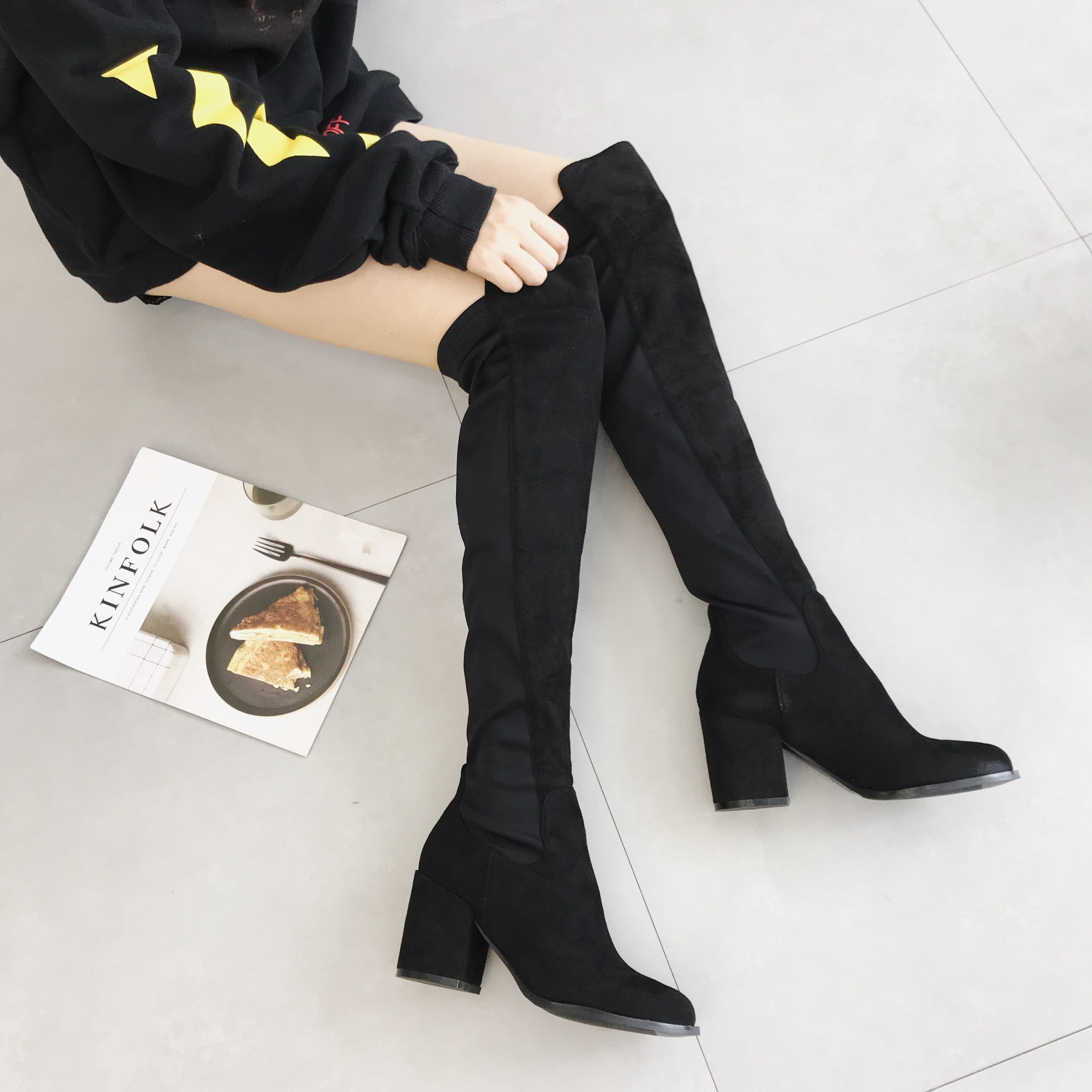 Over Knee Boots Women Stretch Slim Boots 2025 Winter Patch Wine Red Long Boots Chunky Heel High Heel Suede Tall Boots
