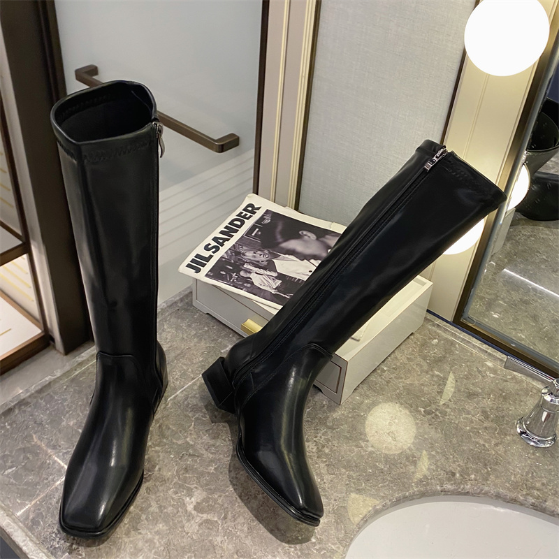 Petite Knee High Boots Square Toe Chunky Heel Riding Boots for Women Slim Fit