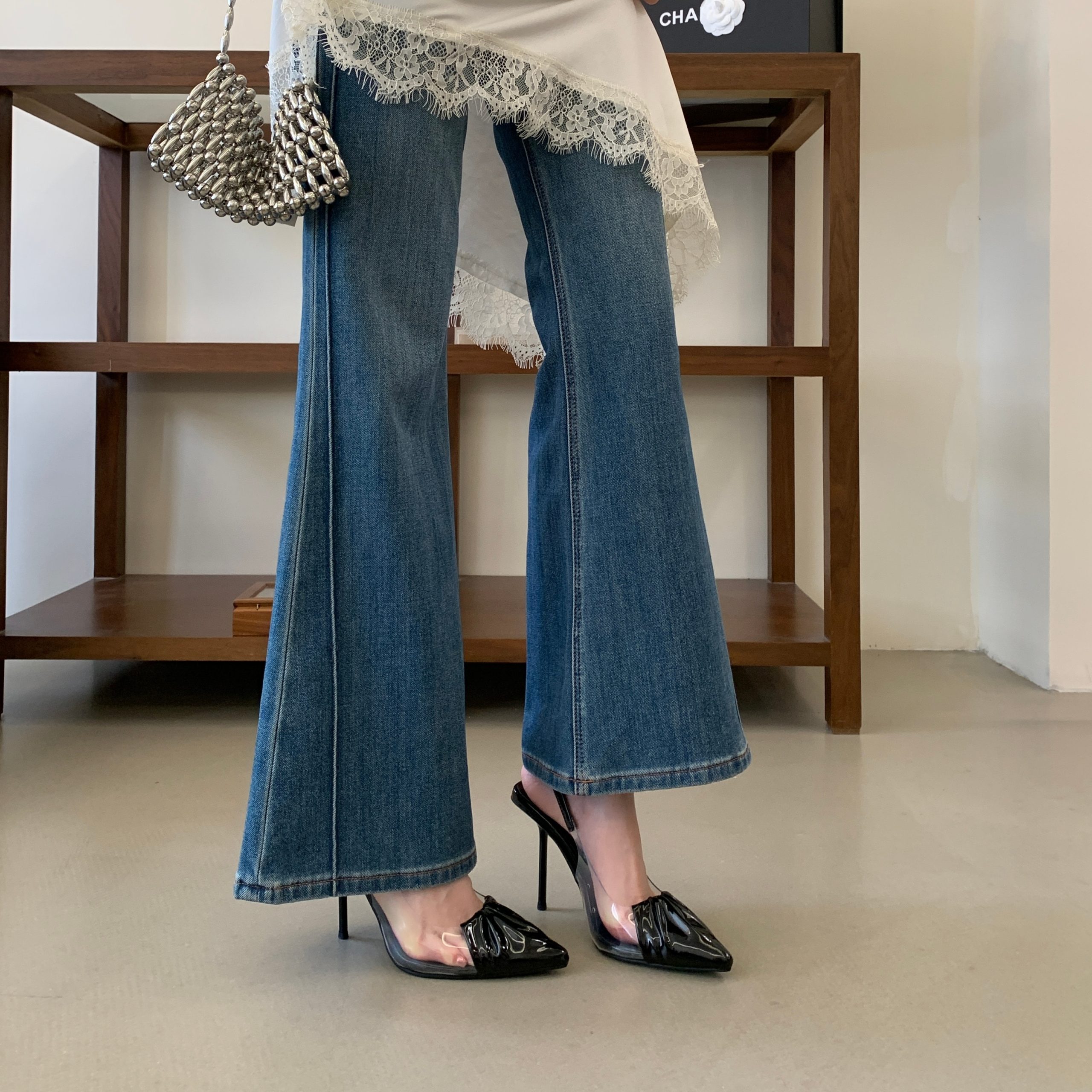Trendy Patent Leather Pleated Back Strap High Heels for Women Transparent Square Toe Thin Heel Elegant Temperament Closed Toe