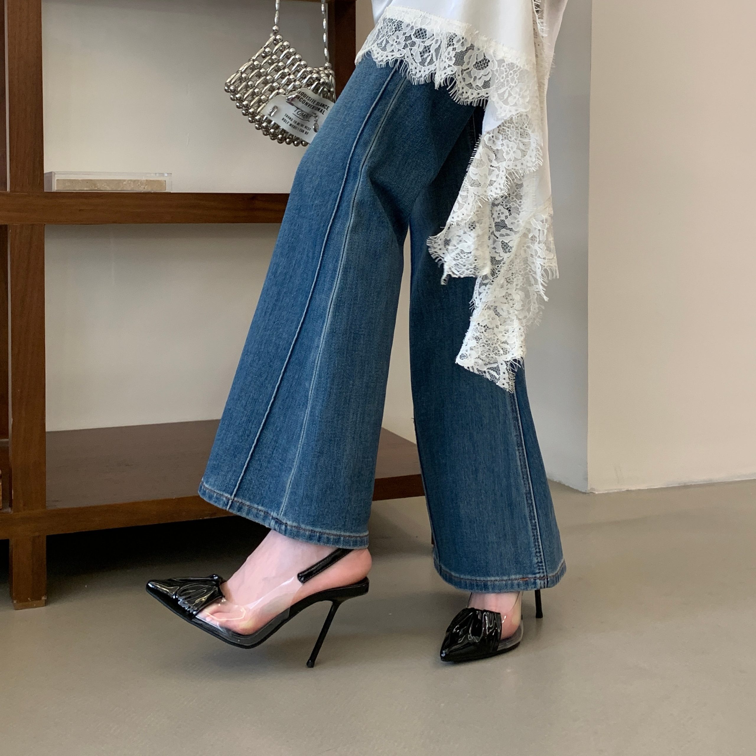 Trendy Patent Leather Pleated Back Strap High Heels for Women Transparent Square Toe Thin Heel Elegant Temperament Closed Toe - Image 3