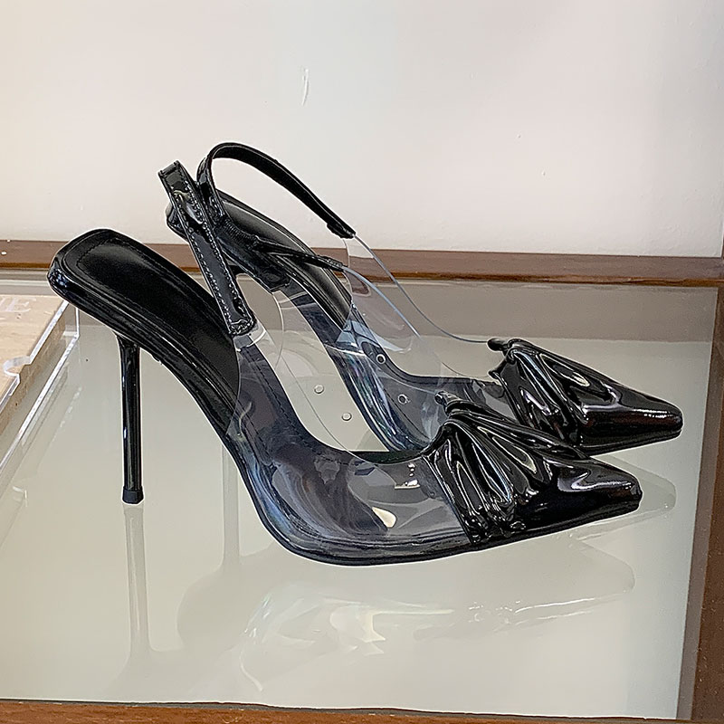 Trendy Patent Leather Pleated Back Strap High Heels for Women Transparent Square Toe Thin Heel Elegant Temperament Closed Toe - Image 5