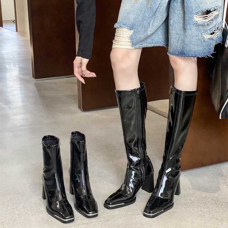 Trendy Sexy Chunky Heel High Boots for Women Square Toe Patent Leather Slim Fit Knight Boots 218-2 Short 218-11 Tall