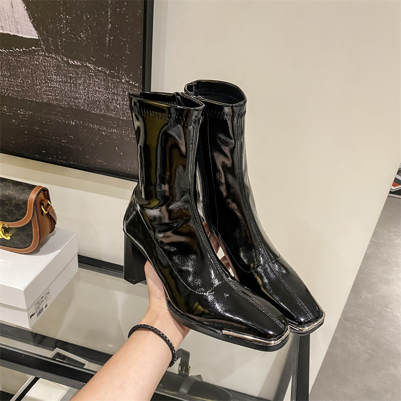 Trendy Sexy Chunky Heel High Boots for Women Square Toe Patent Leather Slim Fit Knight Boots 218-2 Short 218-11 Tall - Image 3