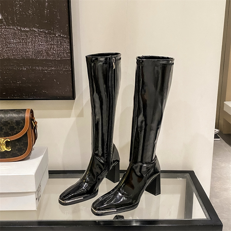 Trendy Sexy Chunky Heel High Boots for Women Square Toe Patent Leather Slim Fit Knight Boots 218-2 Short 218-11 Tall - Image 4