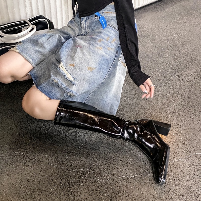 Trendy Sexy Chunky Heel High Boots for Women Square Toe Patent Leather Slim Fit Knight Boots 218-2 Short 218-11 Tall - Image 5