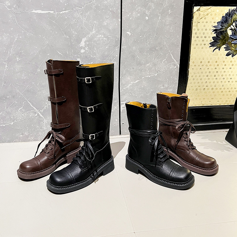 Vintage Retro British Style Brown Black Lace Up Cowboy Boots Short Boots Thick Sole Martin Boots
