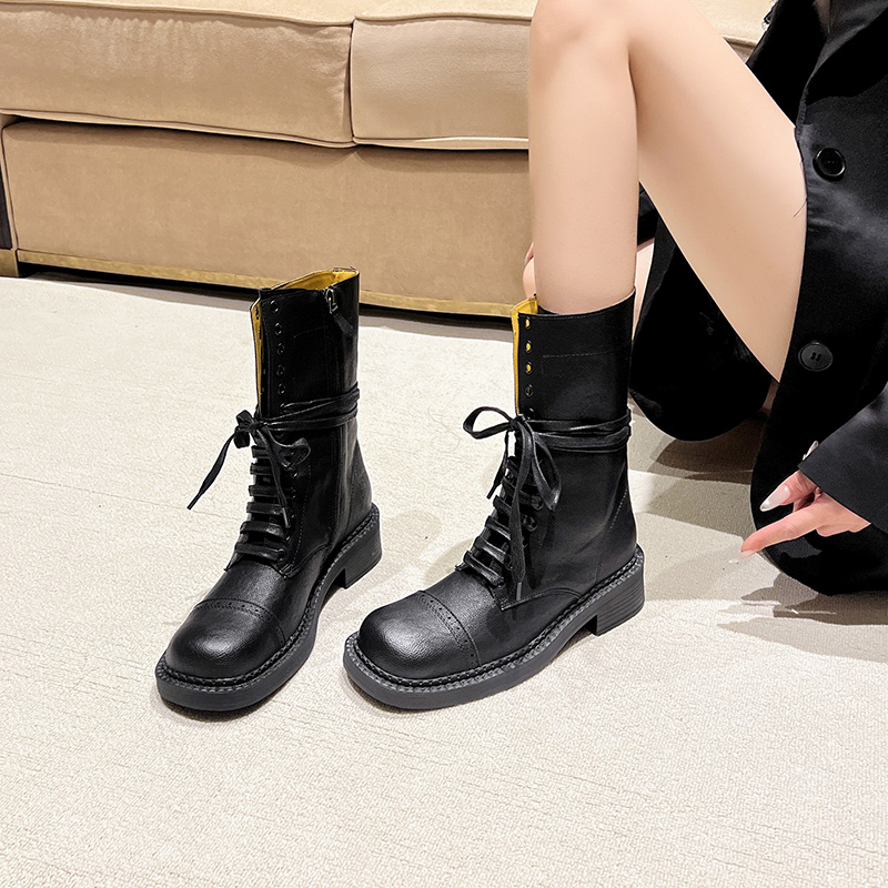 Vintage Retro British Style Brown Black Lace Up Cowboy Boots Short Boots Thick Sole Martin Boots - Image 3