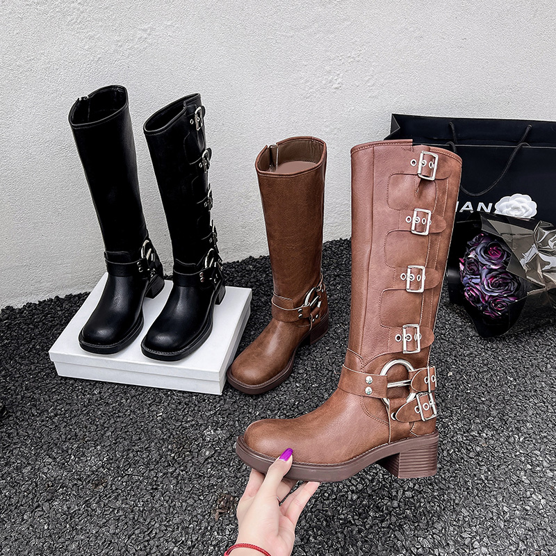 Western Cowboy Riding Boots 2024 New Style Ultra High Heel Tall Boots for Petite Women Thick Sole Retro Motorcycle Boots Women