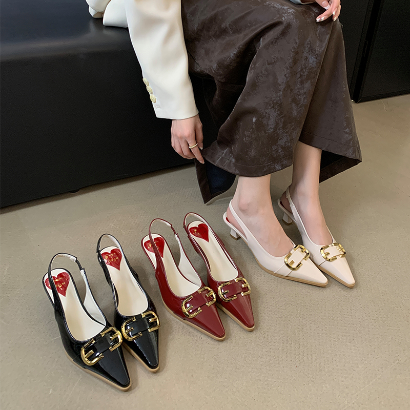 Women's 2024 Spring New Style Pointed Toe Half Slipper Sandals with Ankle Strap, Closed Toe, Low Heel, Korean Fashion, Solid Color, for Young Women