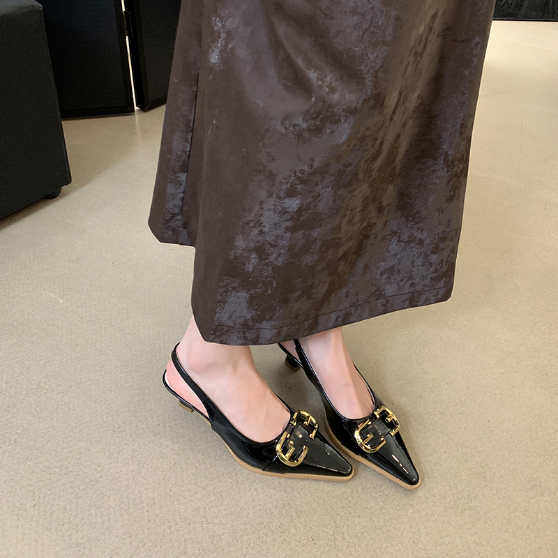 Women's 2024 Spring New Style Pointed Toe Half Slipper Sandals with Ankle Strap, Closed Toe, Low Heel, Korean Fashion, Solid Color, for Young Women - Image 2