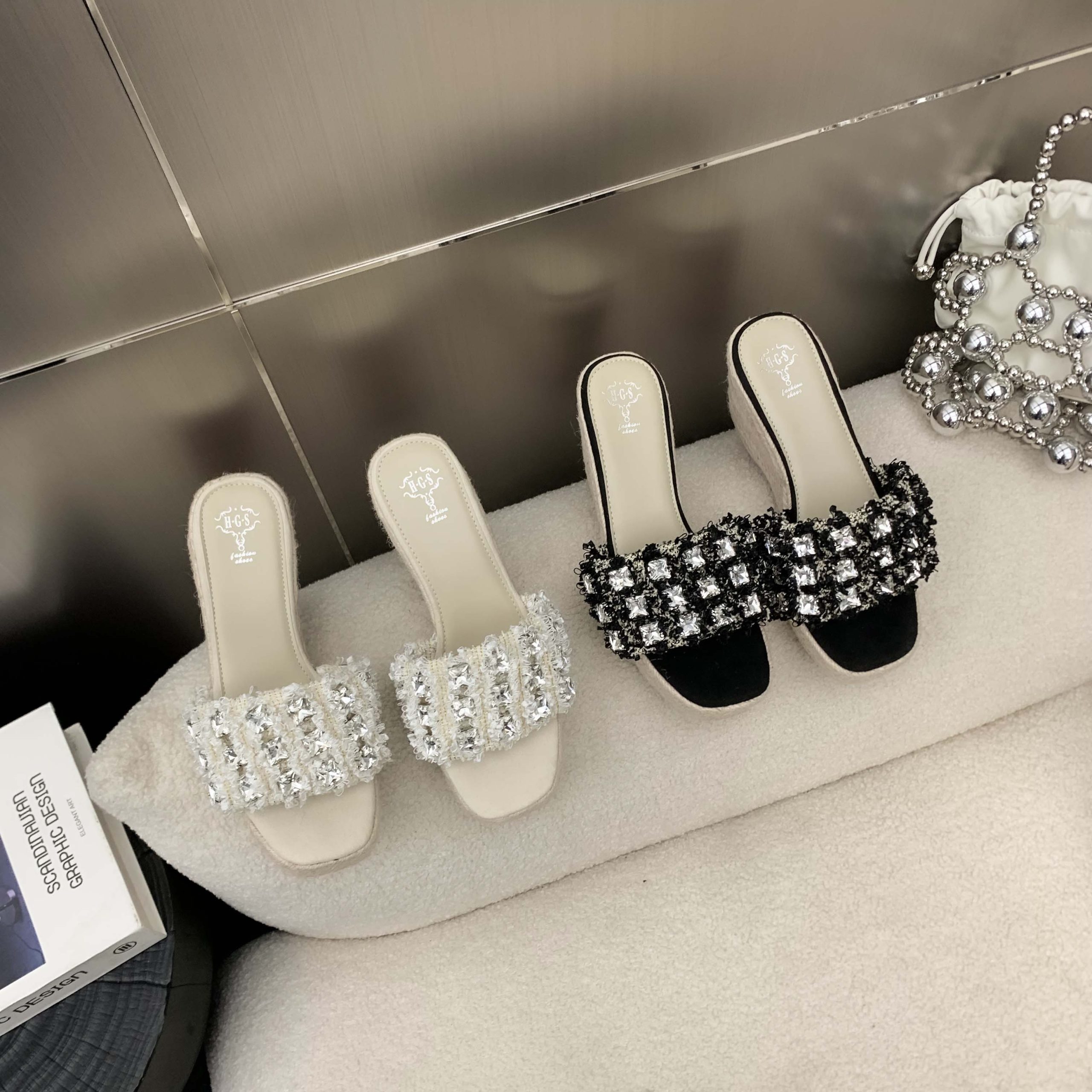 Women's Platform Wedge Sandals Slippers with Rhinestones Fashion 2024 High Heel One-Strap