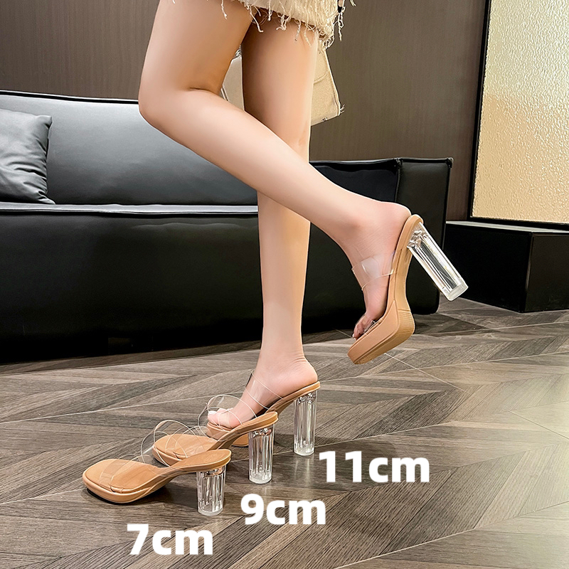 Women's Transparent High Heel Slippers Summer New Style Platform One-Strap Ultra High Heel Crystal Thick Heel Sandals - Style 23b9e4