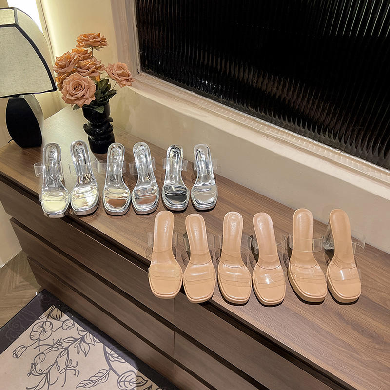 Women's Transparent High Heel Slippers Summer New Style Platform One-Strap Ultra High Heel Crystal Thick Heel Sandals - Style e835ea